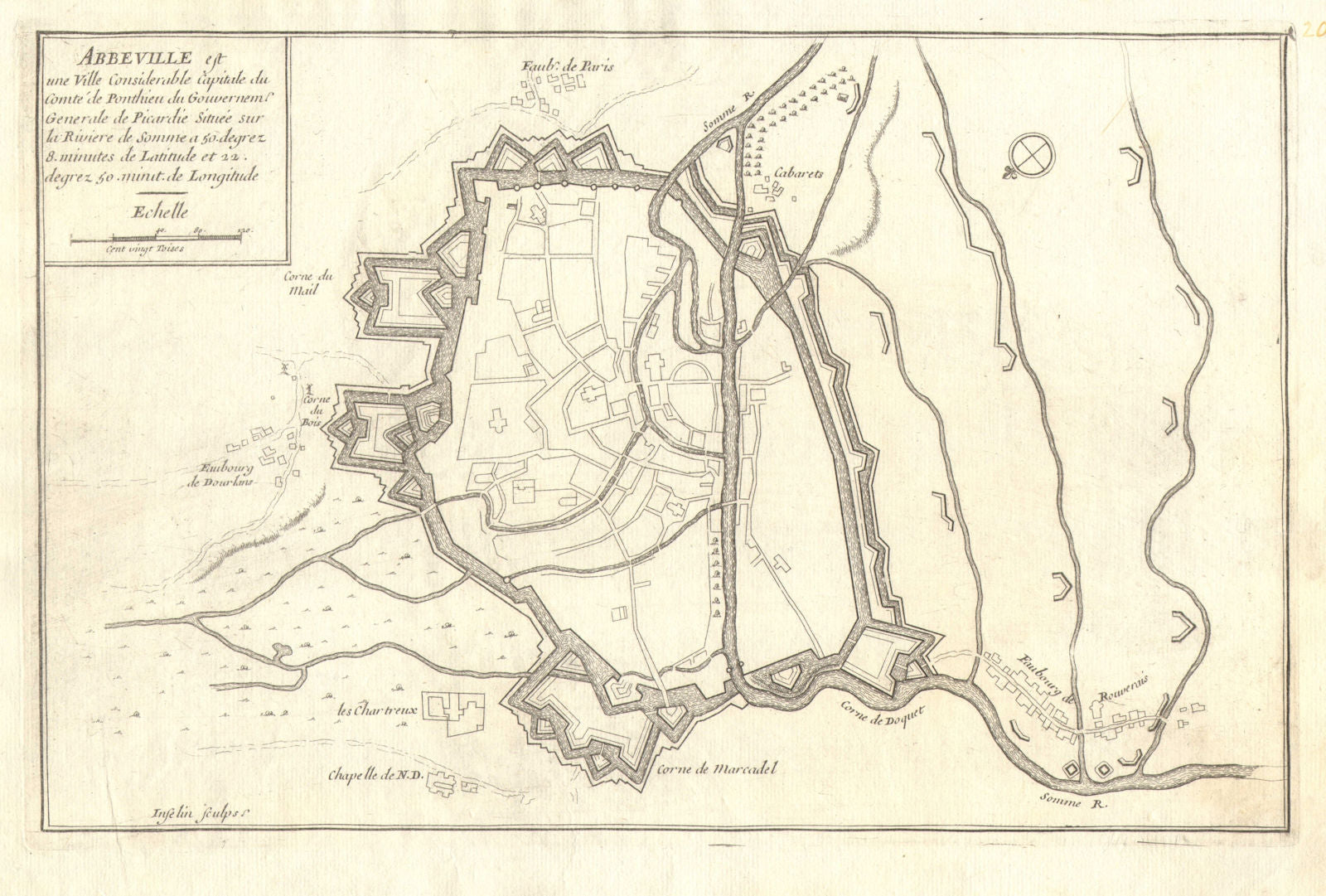 Abbeville. Plan of town/city & fortifications. Somme. DE FER 1705 old map
